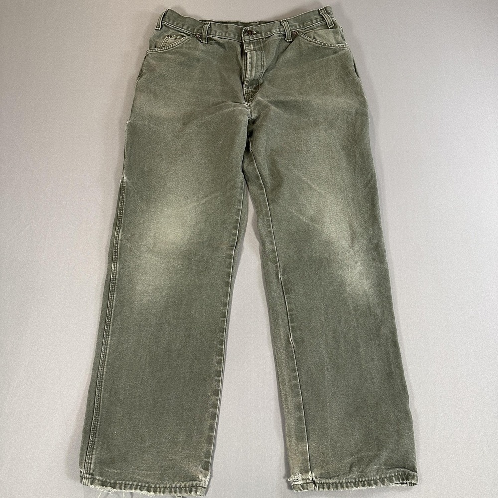 Dickies Jeans Mens 36x34 Green Canvas Relaxed Fit Straight Distressed Workwear